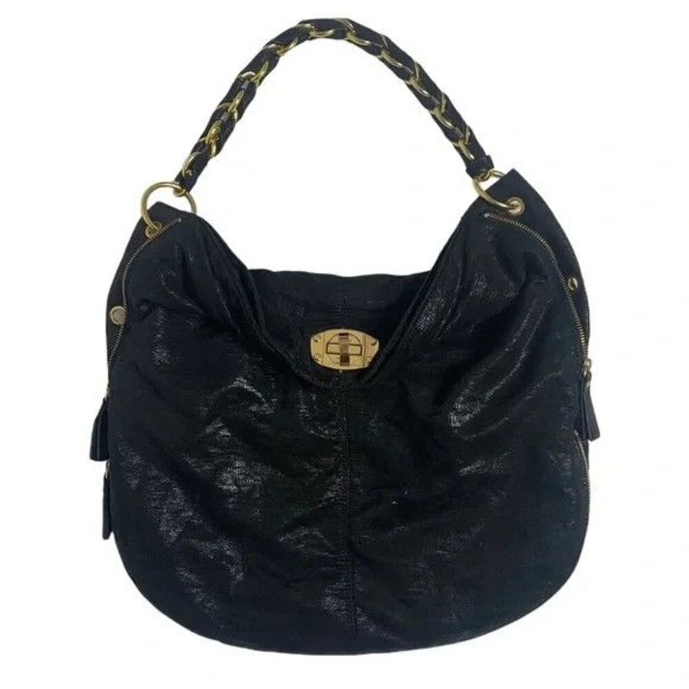 Armani Exchange Shimmery Black expandable Hobo Bag w Deorative Grommets Braided